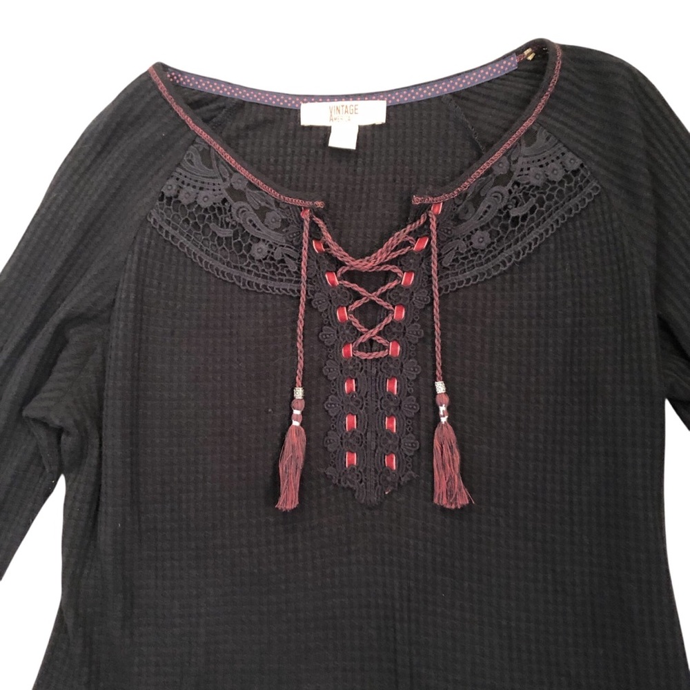 Vintage America Black Knit Top with Lace, Velvet, & Lace-Up Cord Details Size XL